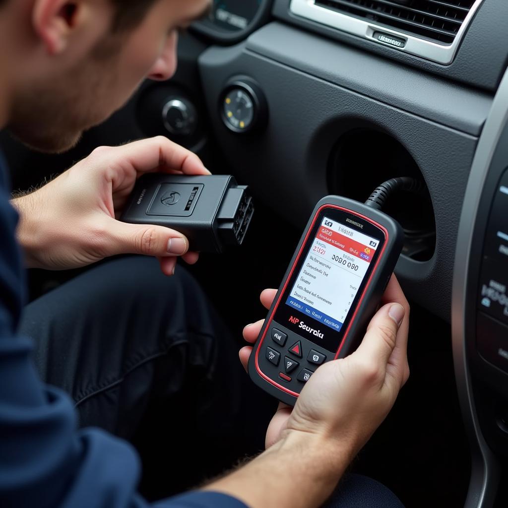 Mechanic using a home car diagnostic tool to diagnose a car problem