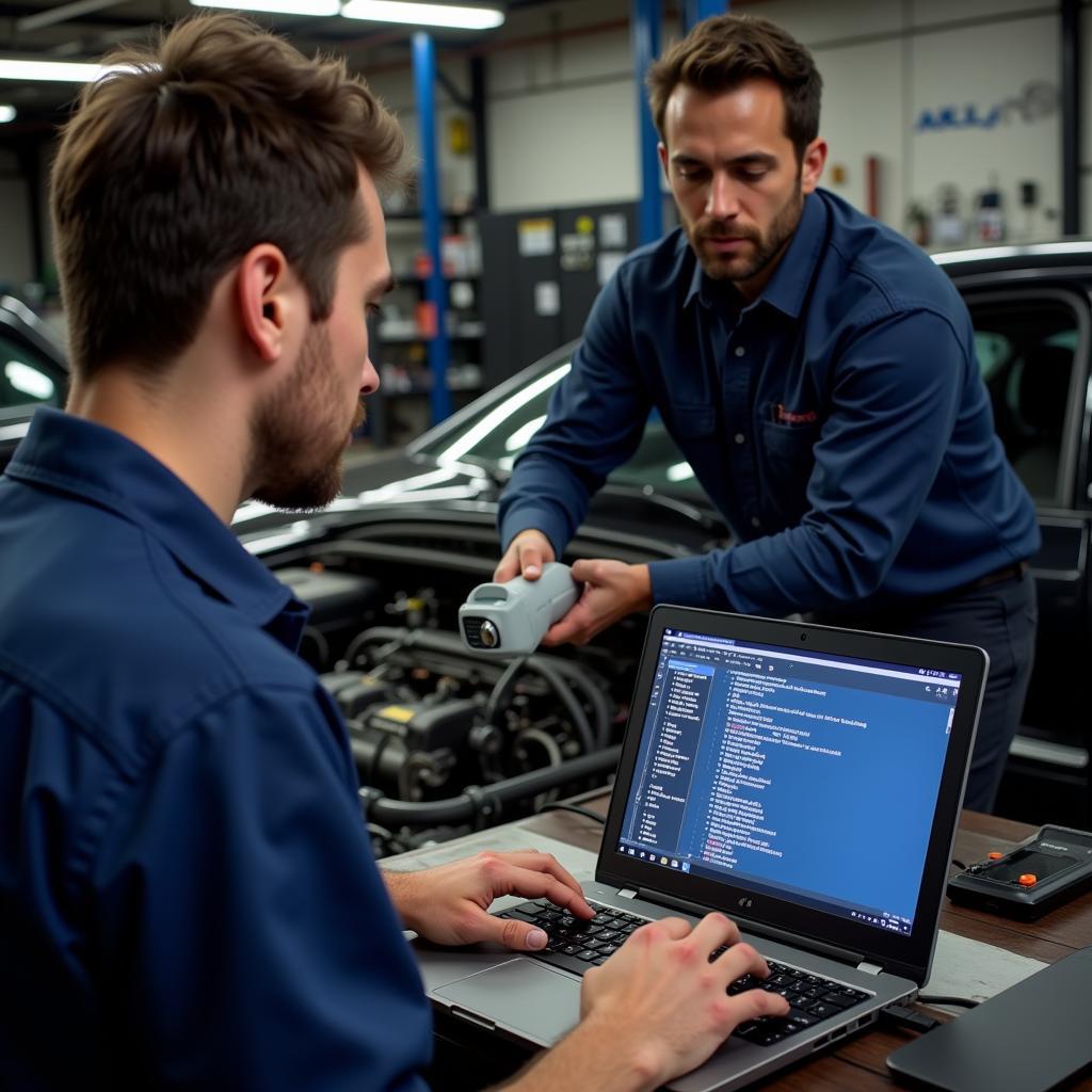 Mechanic Using a Laptop Car Diagnostic Code Reader