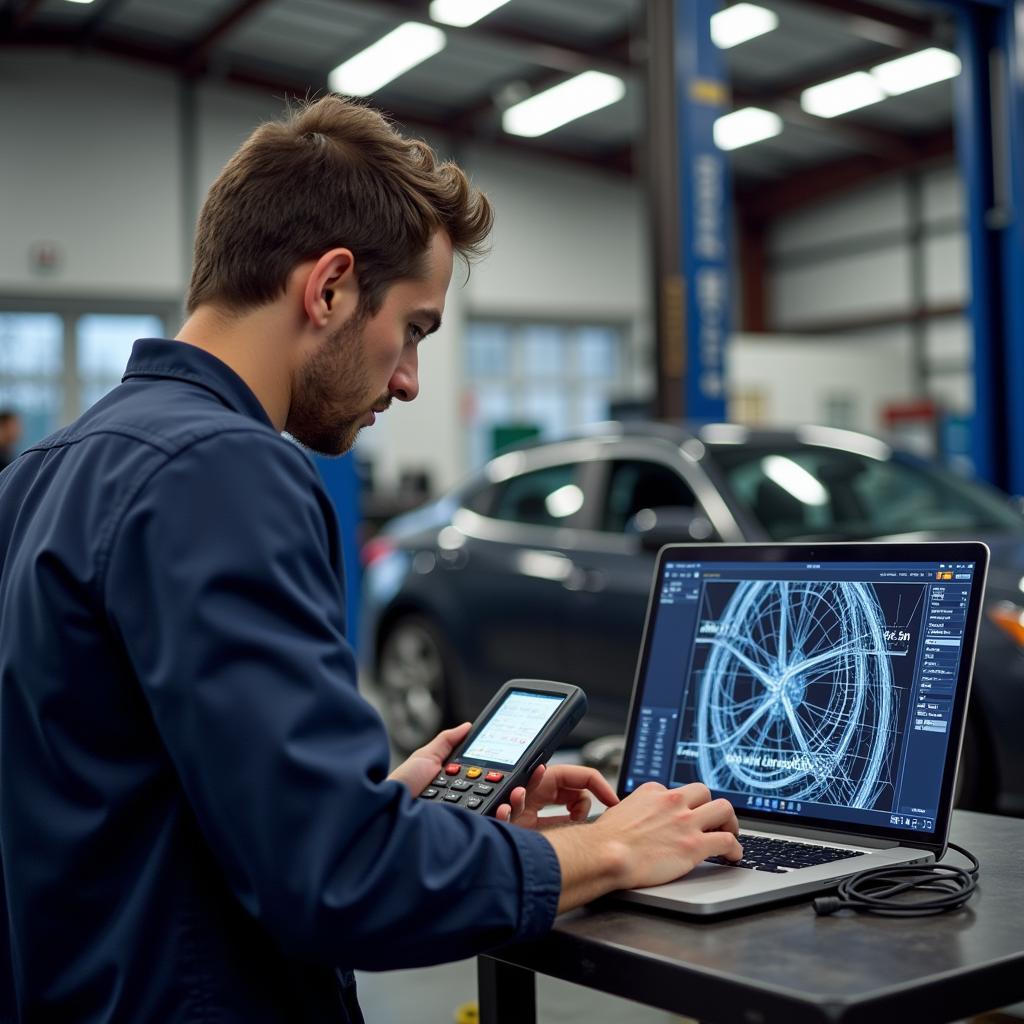 A mechanic uses a high-end diagnostic scanner connected to a laptop for in-depth vehicle analysis