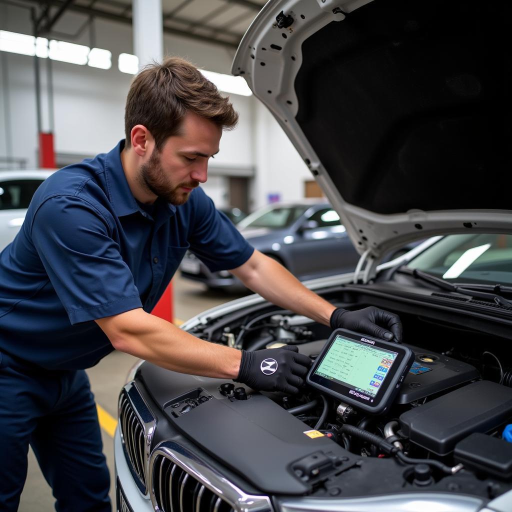 Mechanic using OBD2 scanner to diagnose car problems