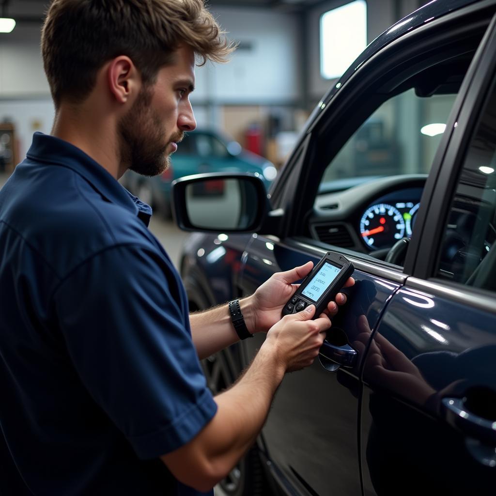 Mechanic using an OBD2 scanner on a car