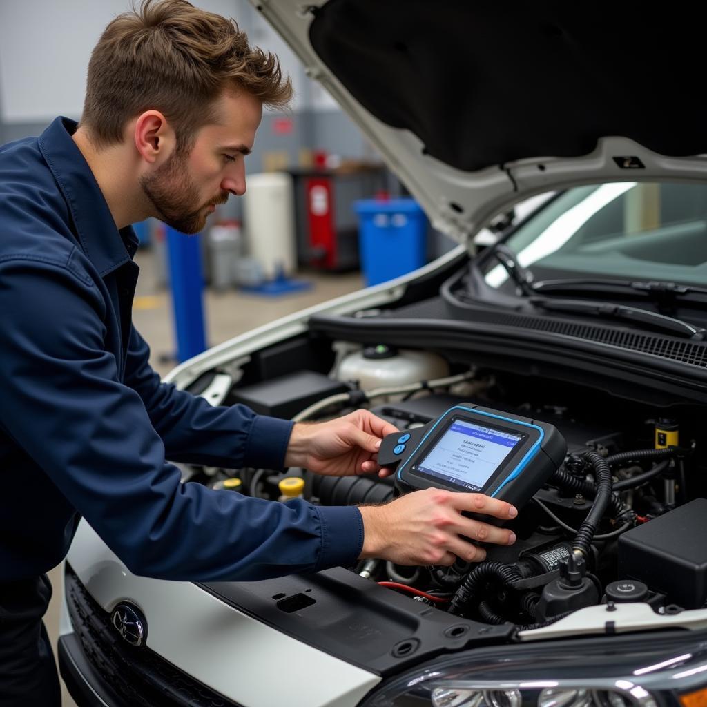 Mechanic using a professional car diagnostic tool