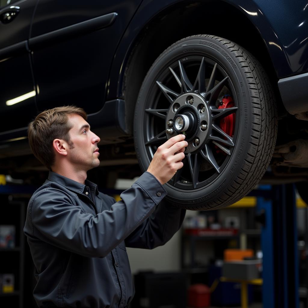 A car diagnostics specialist in Bletchley inspecting a vehicle's braking system