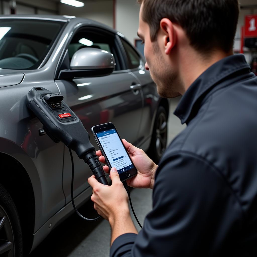 Mechanic using a bluetooth car diagnostic scanner connected to a smartphone