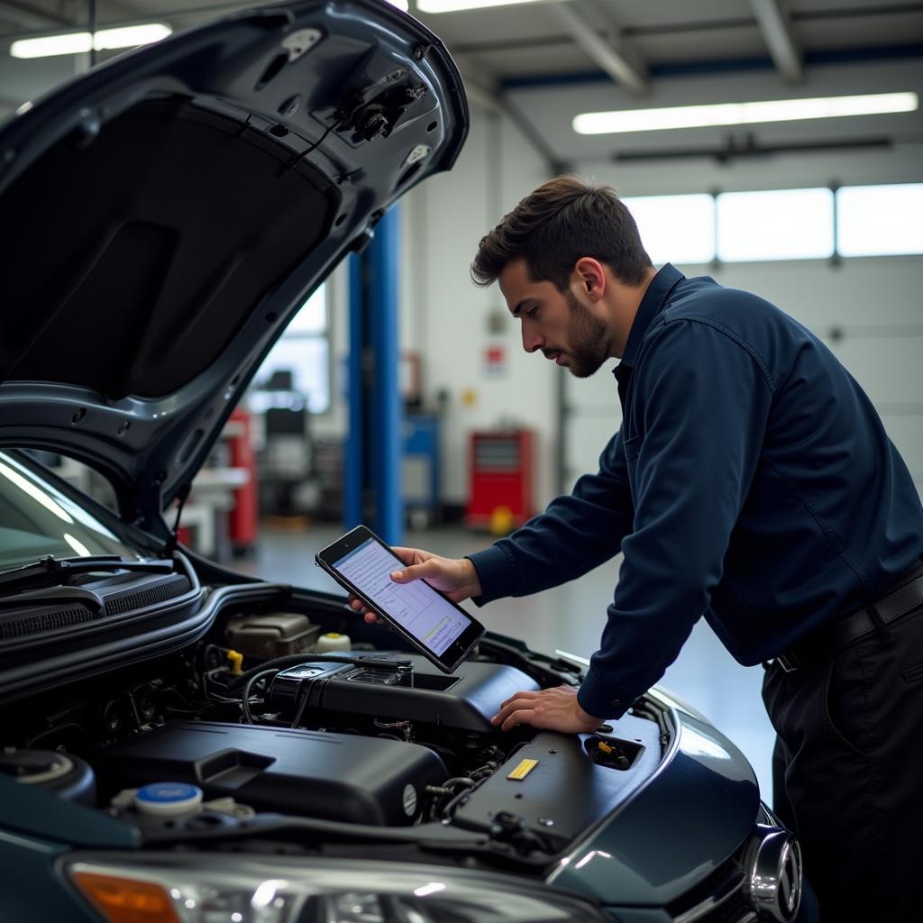 Mechanic using a bluetooth car diagnostic tool with a tablet