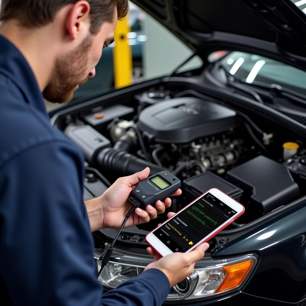 Mechanic using a bluetooth car diagnostic tool