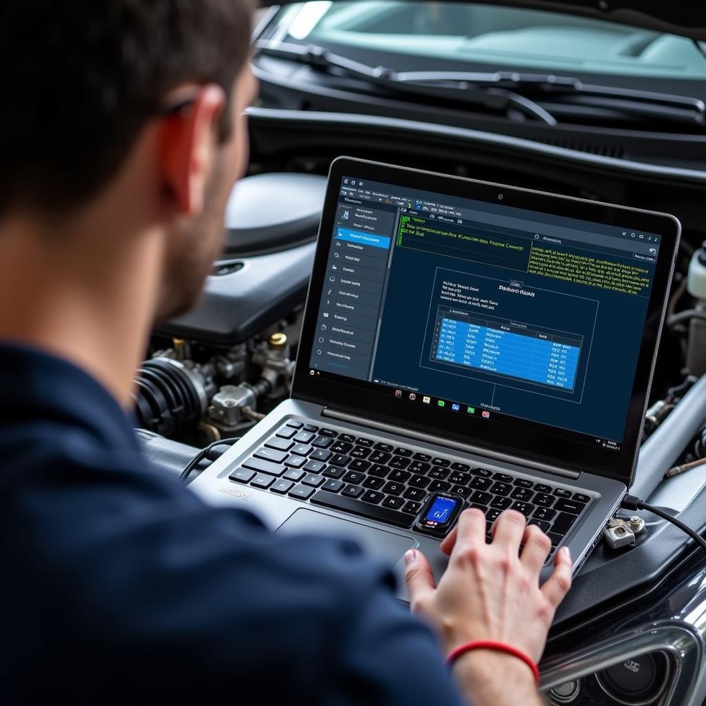 Mechanic using bluetooth car diagnostics on a laptop