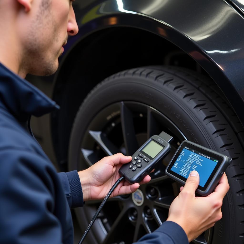 Mechanic Using a Bluetooth Car Diagnostics Scanner