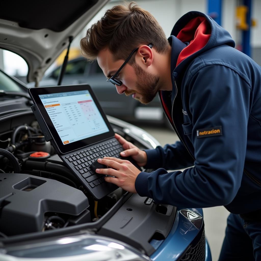 Mechanic using a Bluetooth OBD2 scanner with a tablet