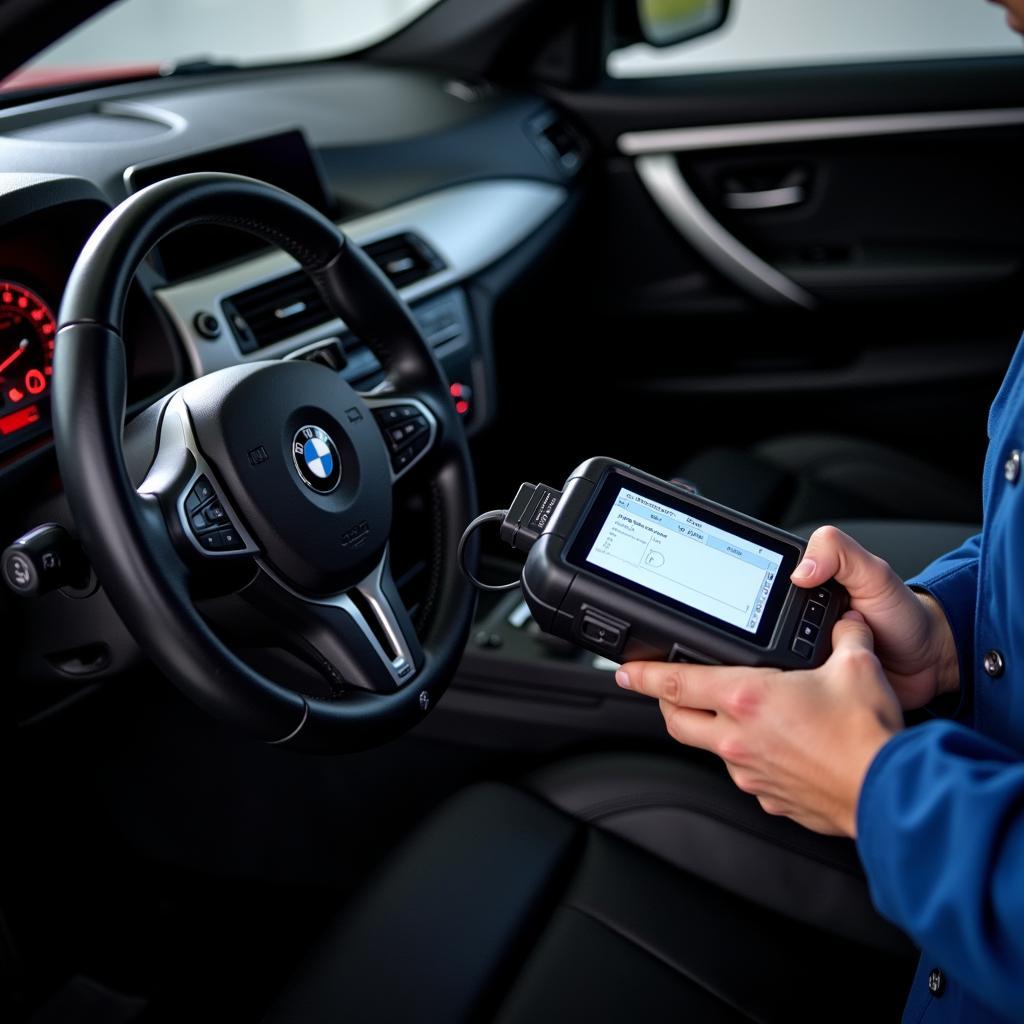 Mechanic using a BMW diagnostic machine to analyze car performance