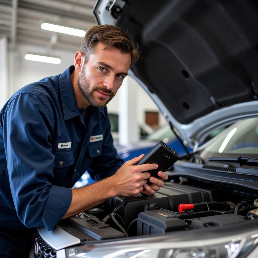 Car Diagnostic Expert Analyzing Engine with OBD Scanner