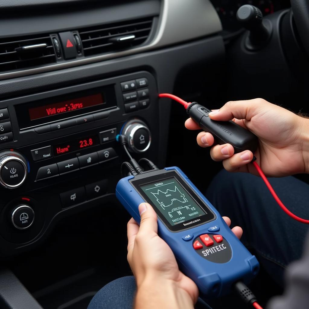 Mechanic using car AC diagnostic equipment