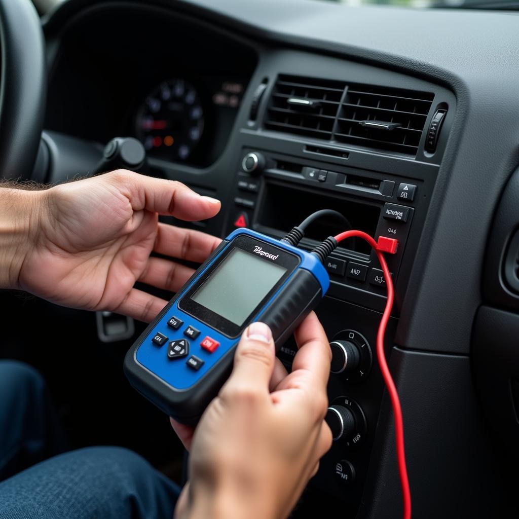 Mechanic using diagnostic equipment on a car's AC system