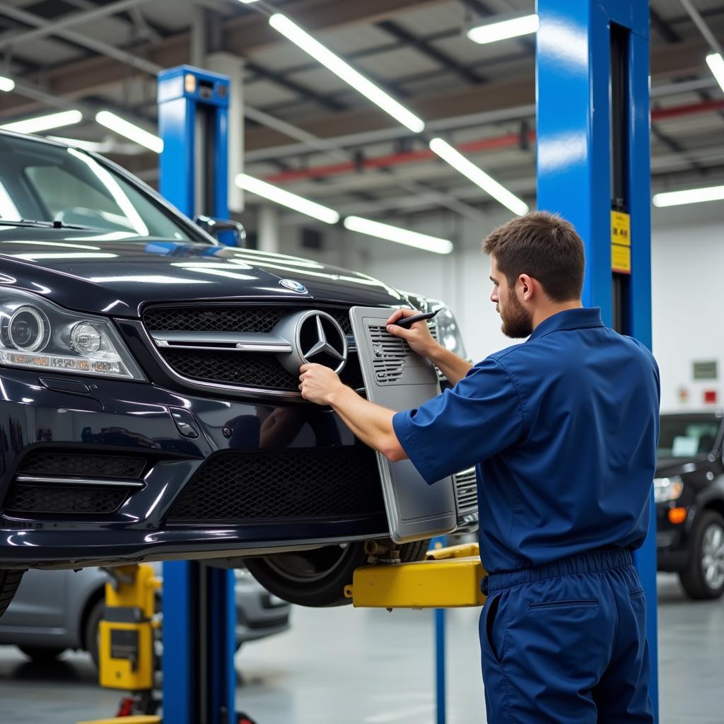 A car AC being repaired by a professional mechanic