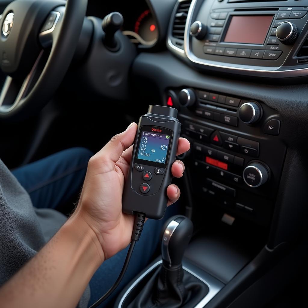 A person using a car code reader on their vehicle