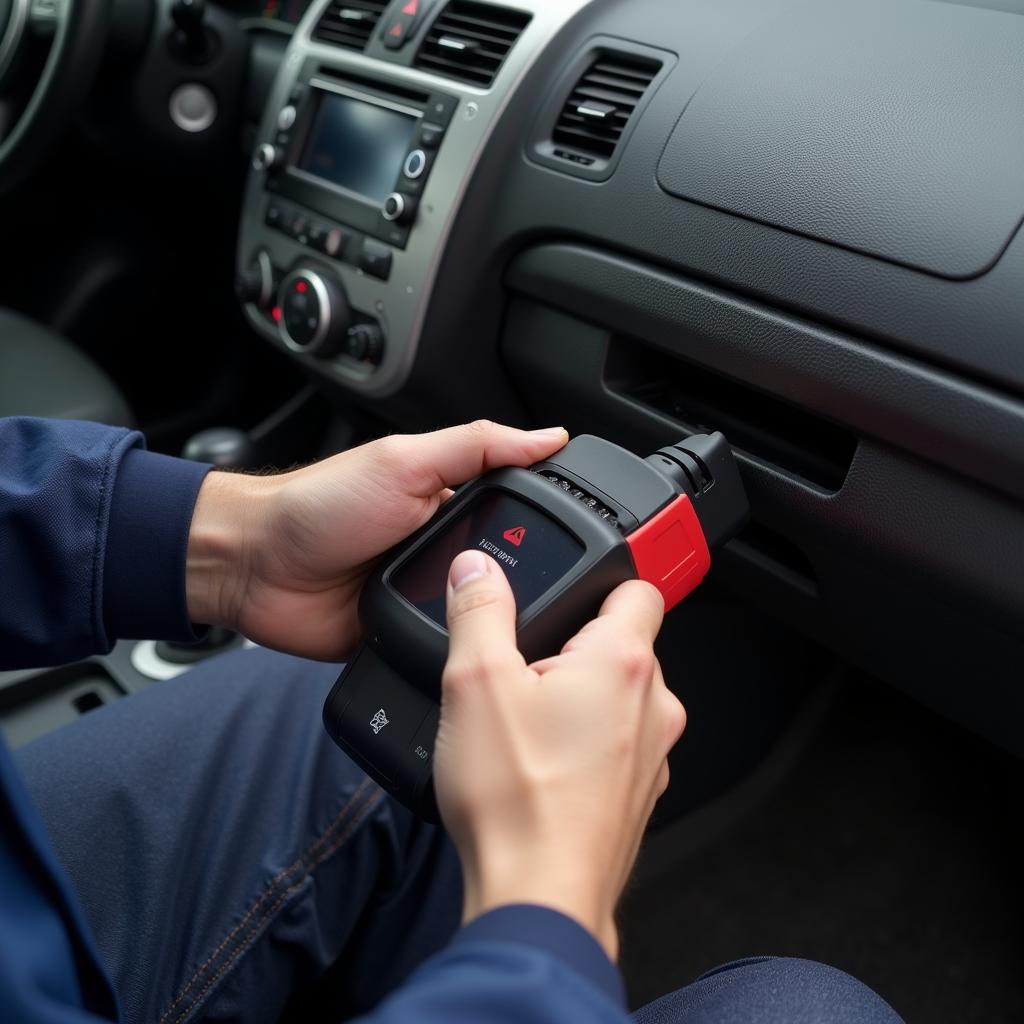 Mechanic Using a Car Computer Board Diagnostic Tool