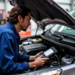 Mechanic using a car computer diagnostic tool