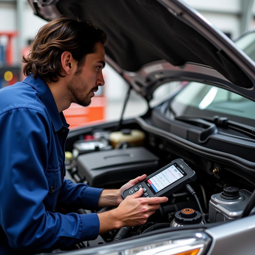 Mechanic using a car computer diagnostic tool