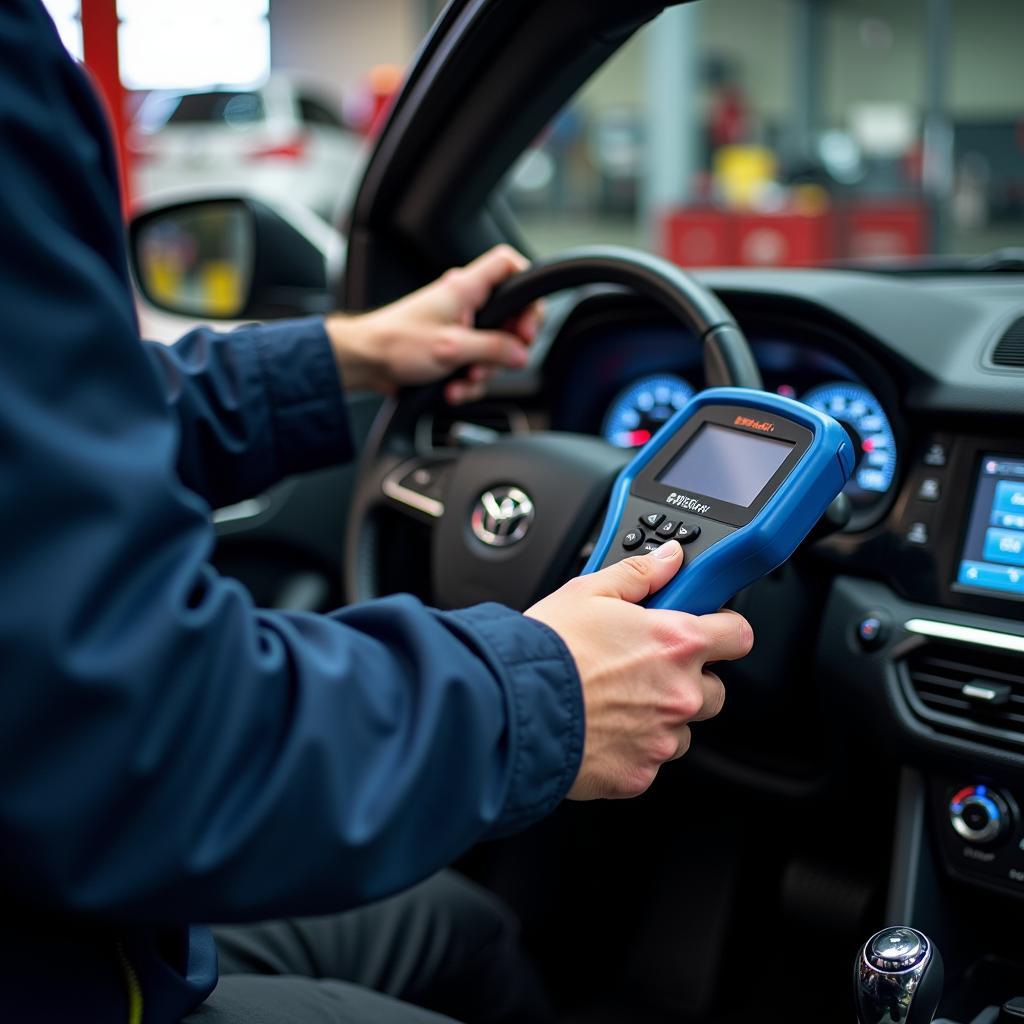 Car computer diagnostics in Inverness: A mechanic connecting a diagnostic tool to a car's computer system