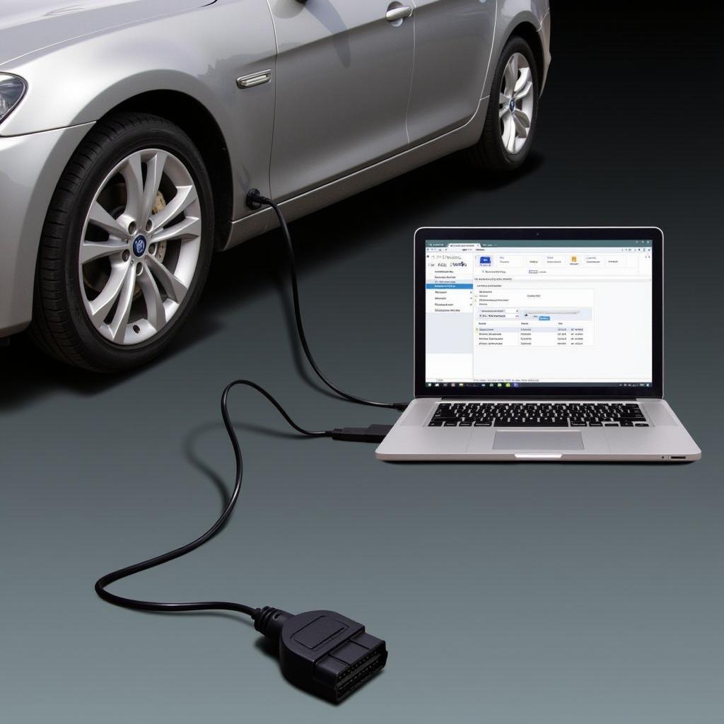 Car Connected to Laptop for Diagnostics