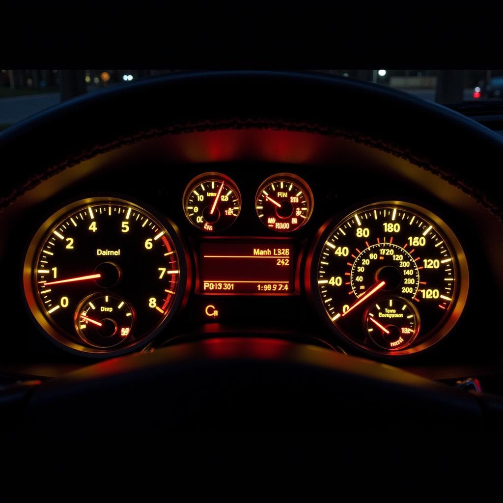 Car Dashboard with Warning Lights Lit Up Like a Christmas Tree