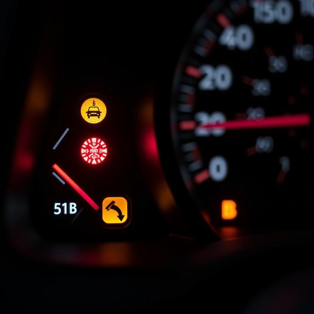 Car dashboard illuminated with various warning lights