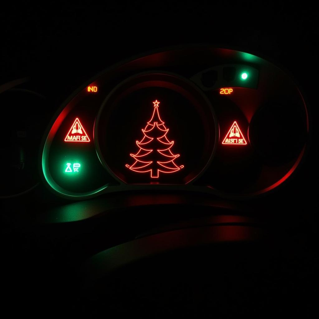 Car dashboard illuminated with multiple warning lights