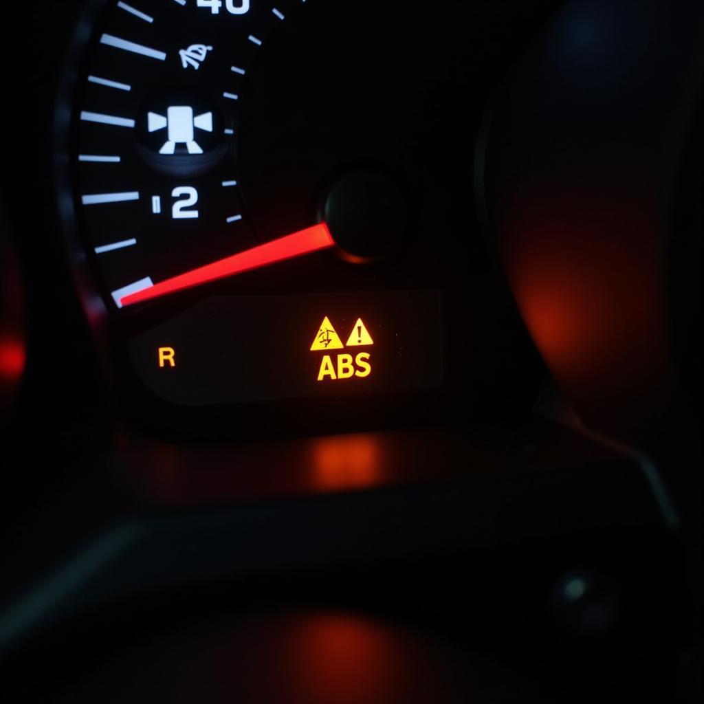 Car dashboard with multiple warning lights illuminated