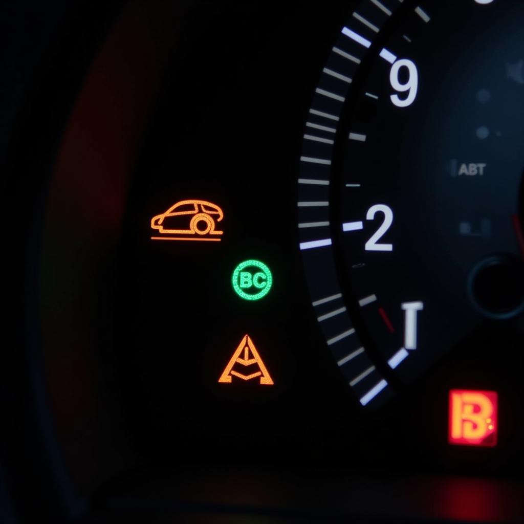 Car Dashboard with Warning Lights Illuminated