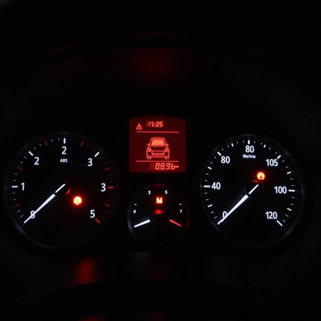 Car dashboard with various warning lights illuminated