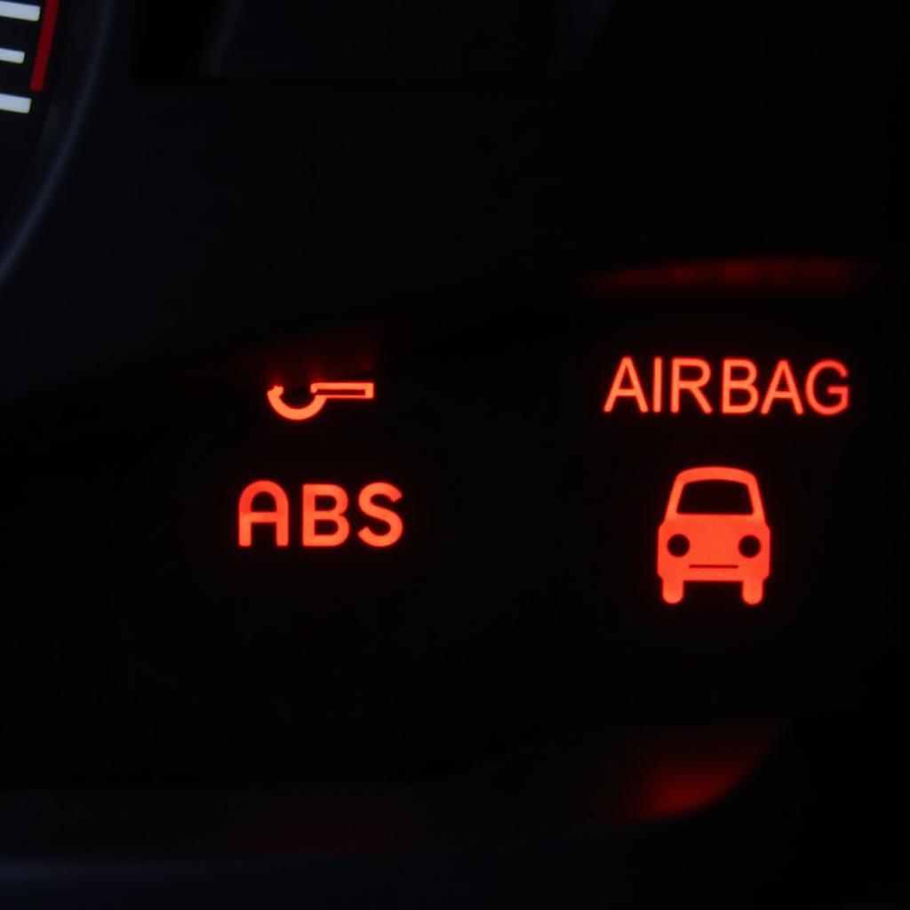 Car dashboard with various warning lights illuminated