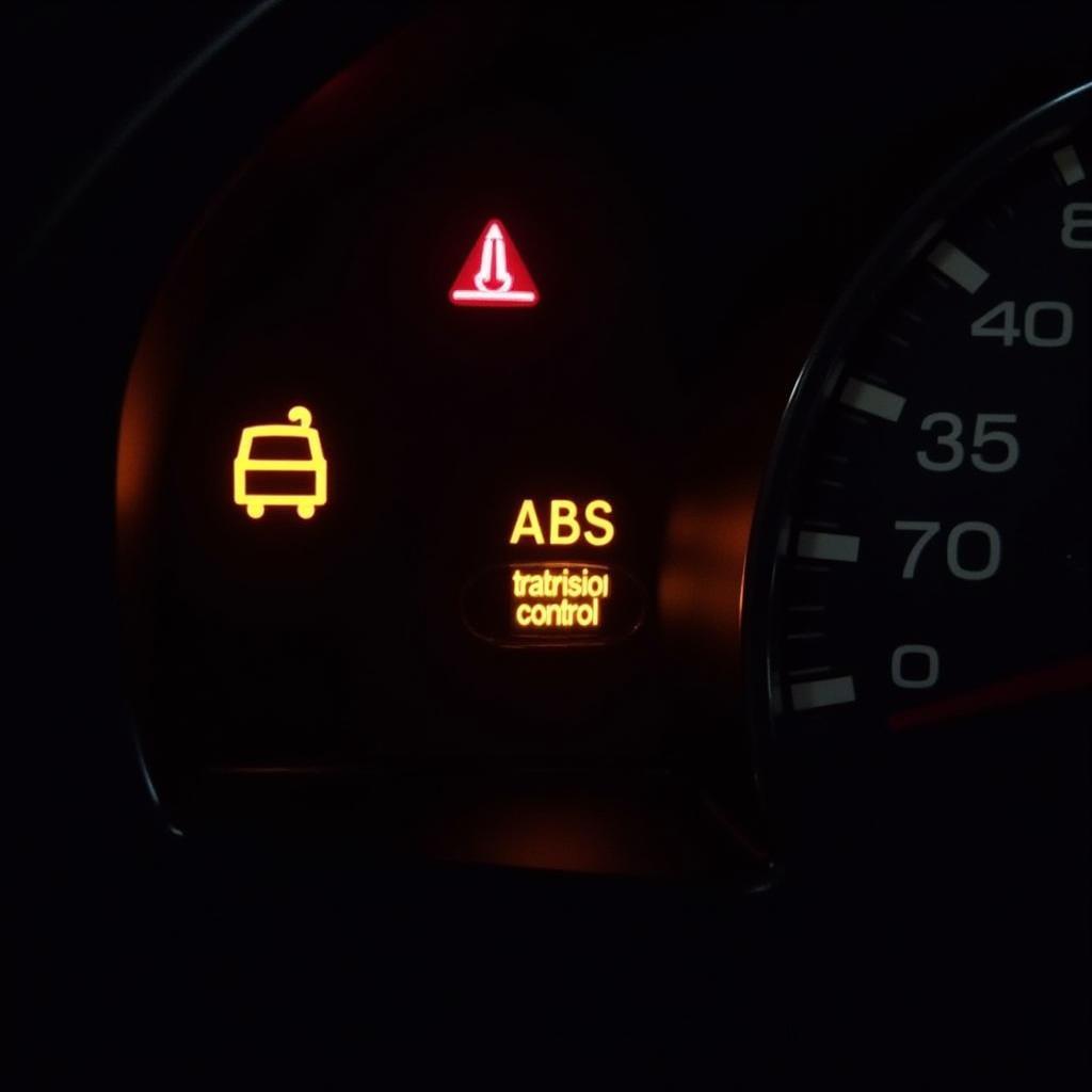 Car dashboard showing multiple warning lights