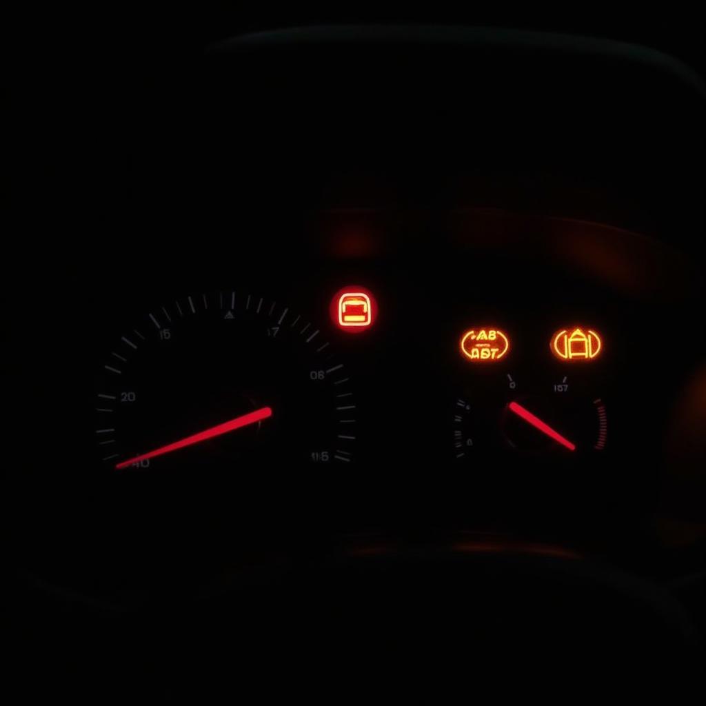 Car Dashboard with Multiple Warning Lights Illuminated