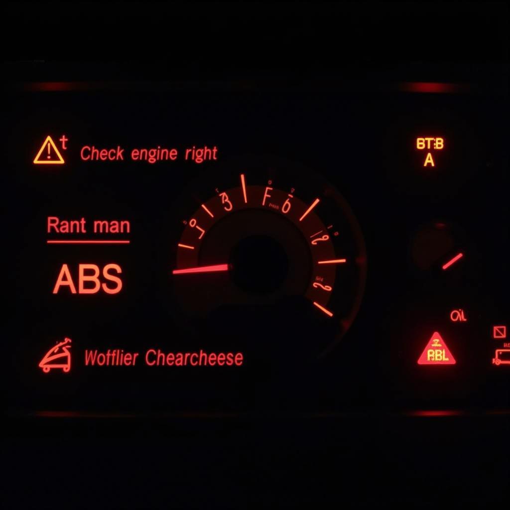 Various warning lights illuminated on a car dashboard