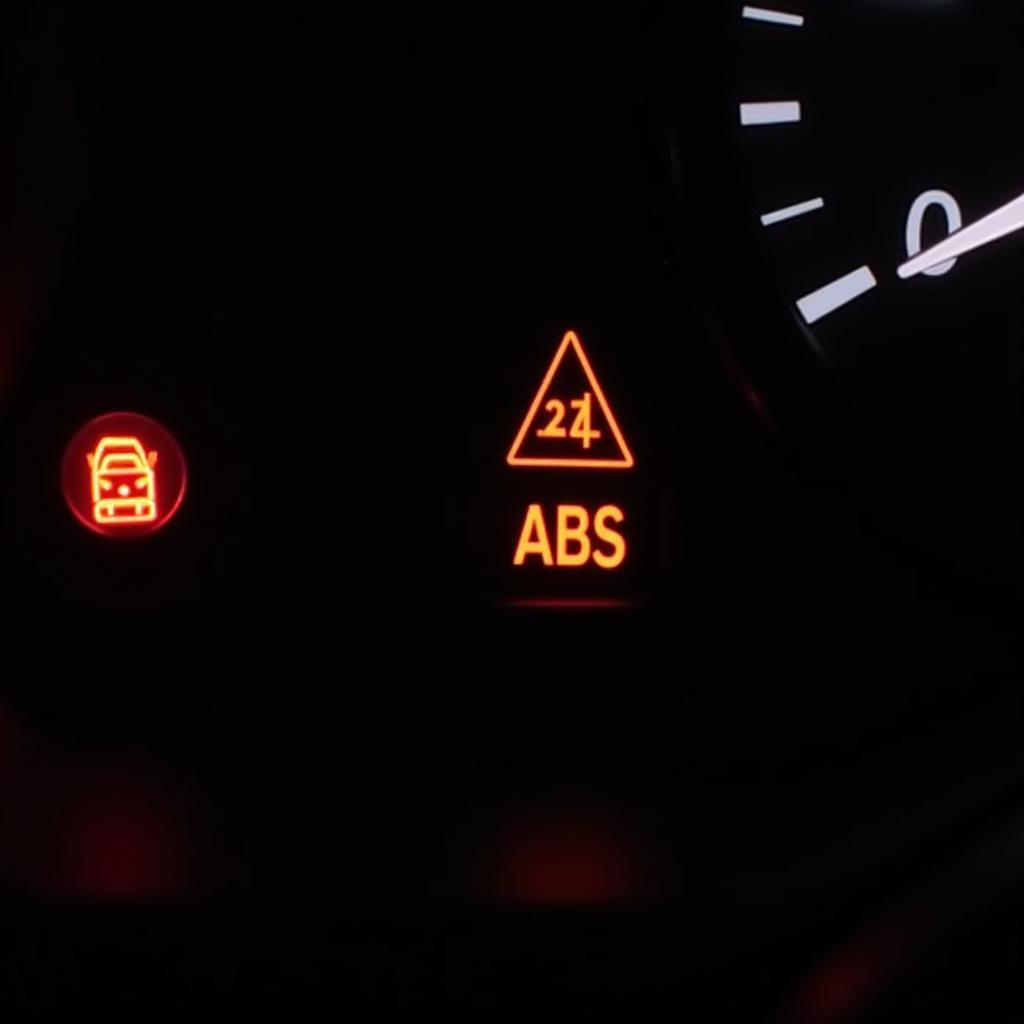 Dashboard of a car with various warning lights illuminated