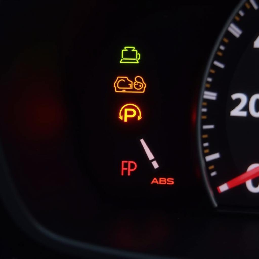 Close up of a car dashboard with multiple warning lights illuminated