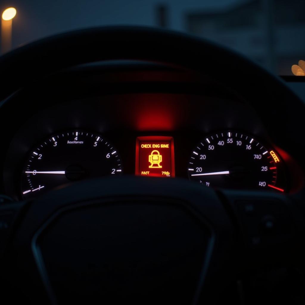 Car dashboard displaying the check engine light