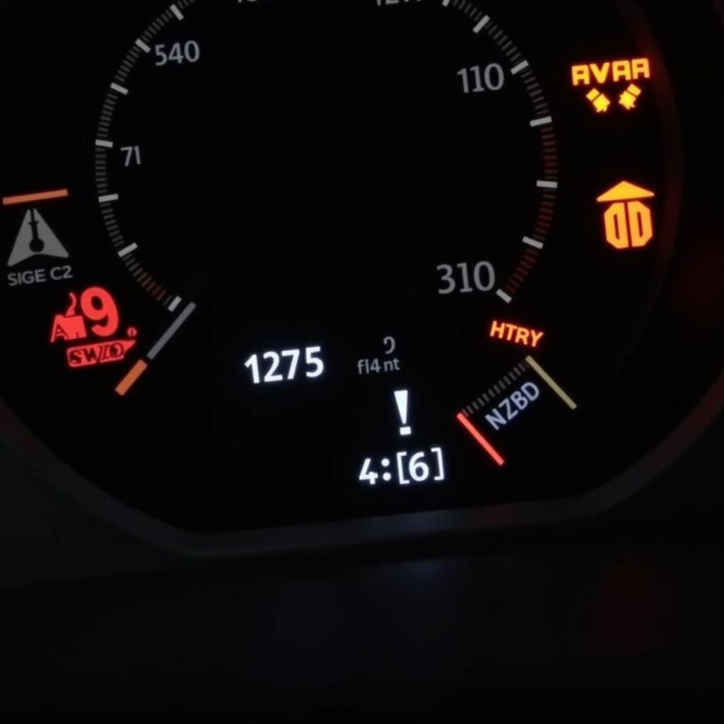 Car dashboard illuminated with warning lights