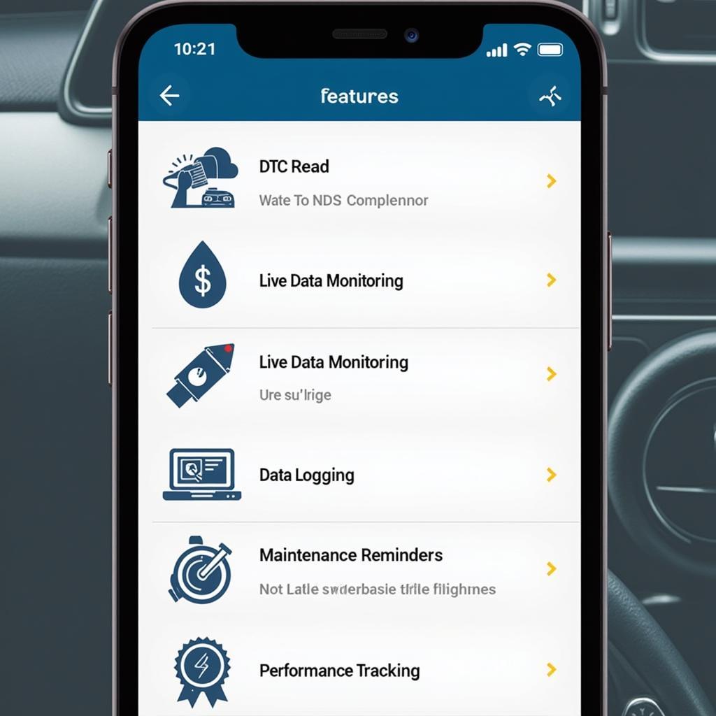 Smartphone displaying various features of a car diagnostic app