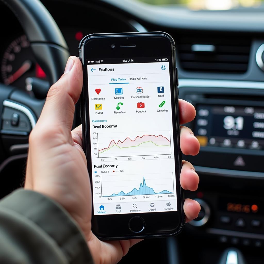 Smartphone displaying car diagnostic app features