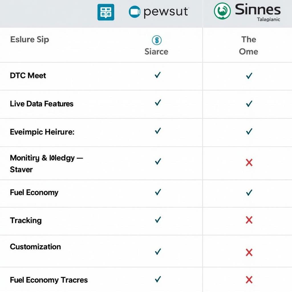 Comparison table of various car diagnostic app features