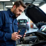 Mechanic using a car diagnostic app on a smartphone