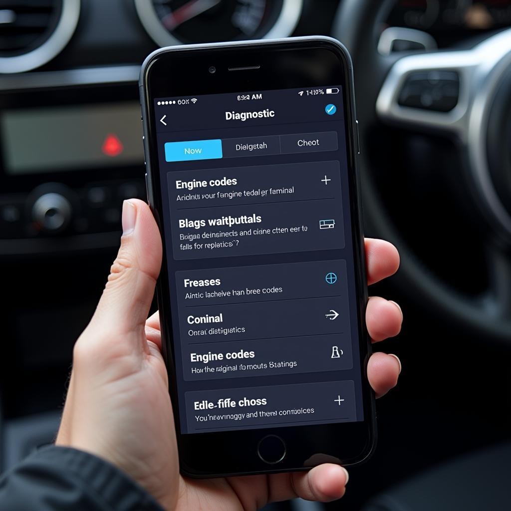 Smartphone showing car diagnostic app with engine error codes