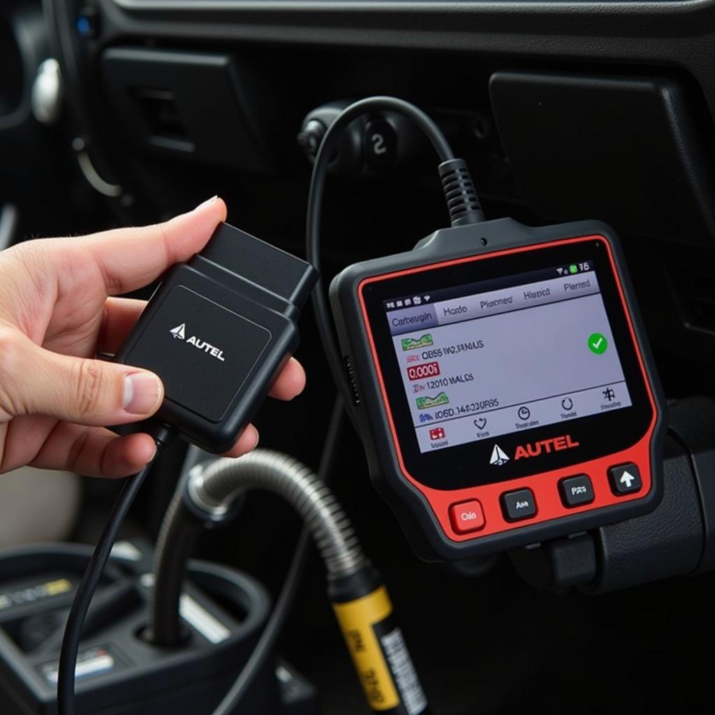 Autel car diagnostic tool being used to check a car engine