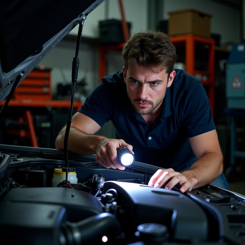 Mechanic inspecting car engine