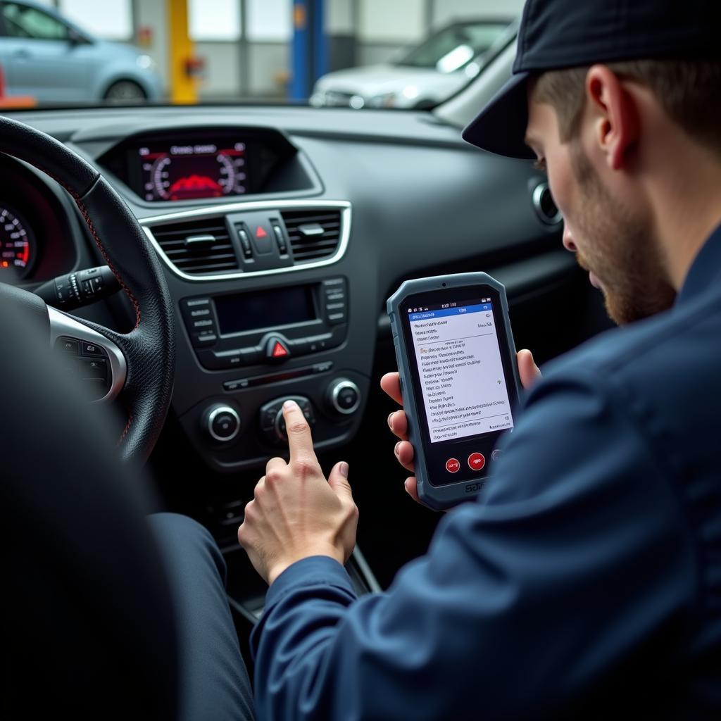 Technician Using OBD Scanner in Car Diagnostic Center