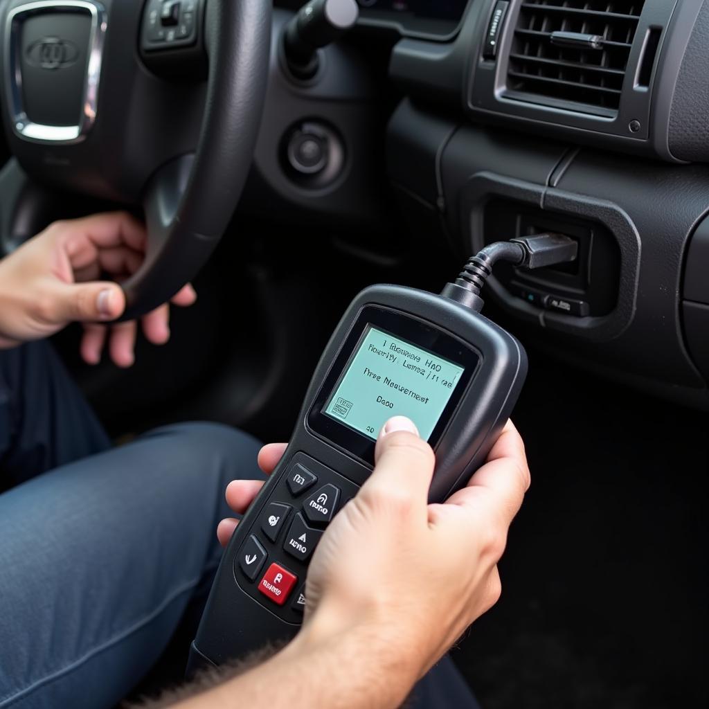 Mechanic using a code reader on a car