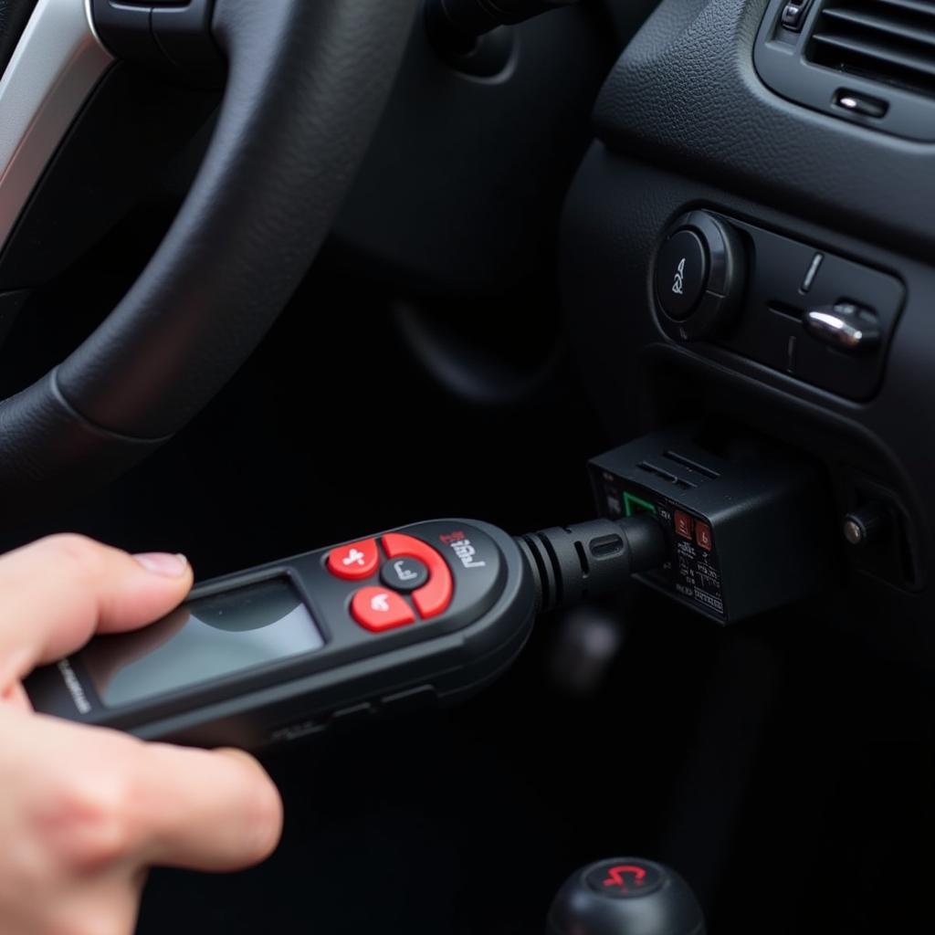 Car diagnostic code reader plugged into a car's dashboard