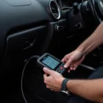 Mechanic using a car diagnostic code scanner