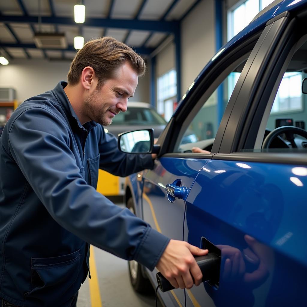 Mechanic using a car diagnostic computer